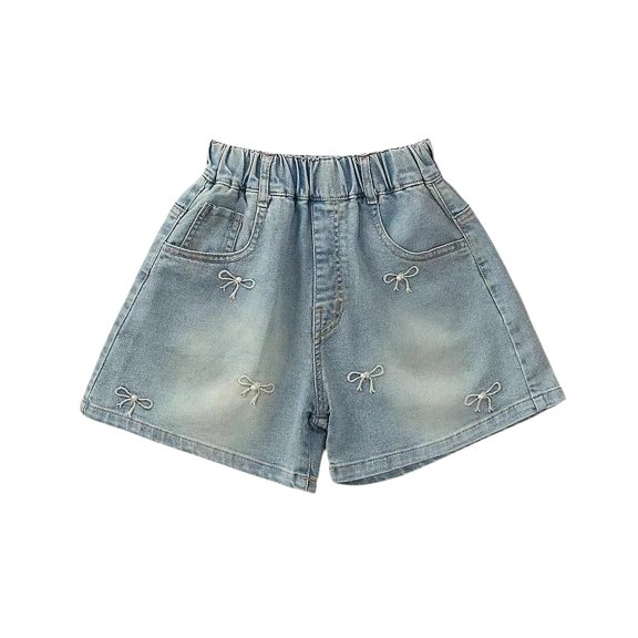GiLiling Girls Bow Print Elastic Waist Denim Shorts, Frayed Hem Jean Shorts with Pockets for Kids Summer Casual Wear (Light Blue, 18-24 Months)