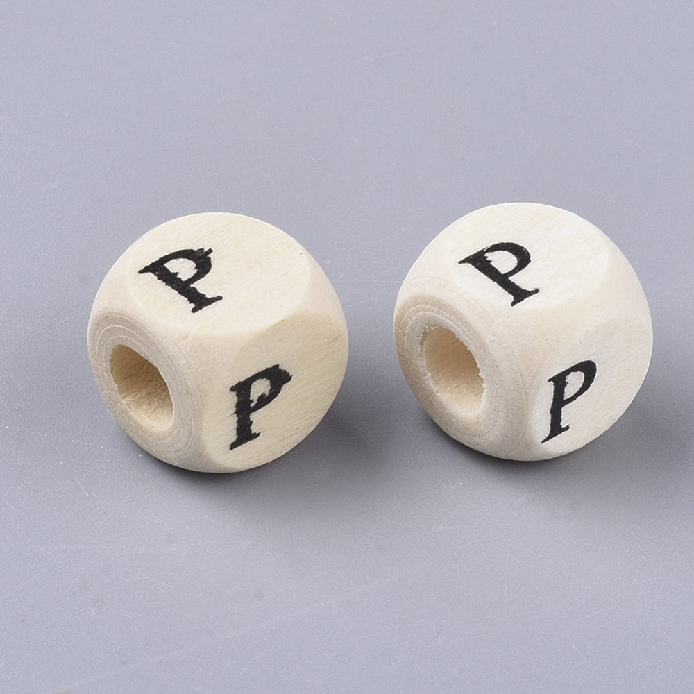 Printed Natural Wood Beads Horizontal Hole Cube with Initial Letter PapayaWhip Letter P 10x10x10mm Hole: 3.5mm about 950~1000pcs/500g DIY