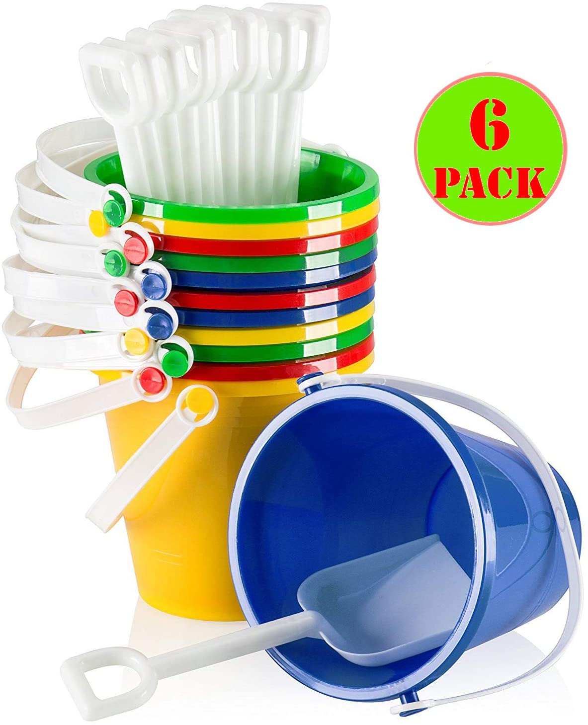 JoyX 5" Inch Beach Pails Sand Buckets and Sand Shovels Set for Kids | Beach and Sand Toys at The Beach | Use for Sand Molds at The Sandbox (Pack of 6 Sets) - image 1 of 7