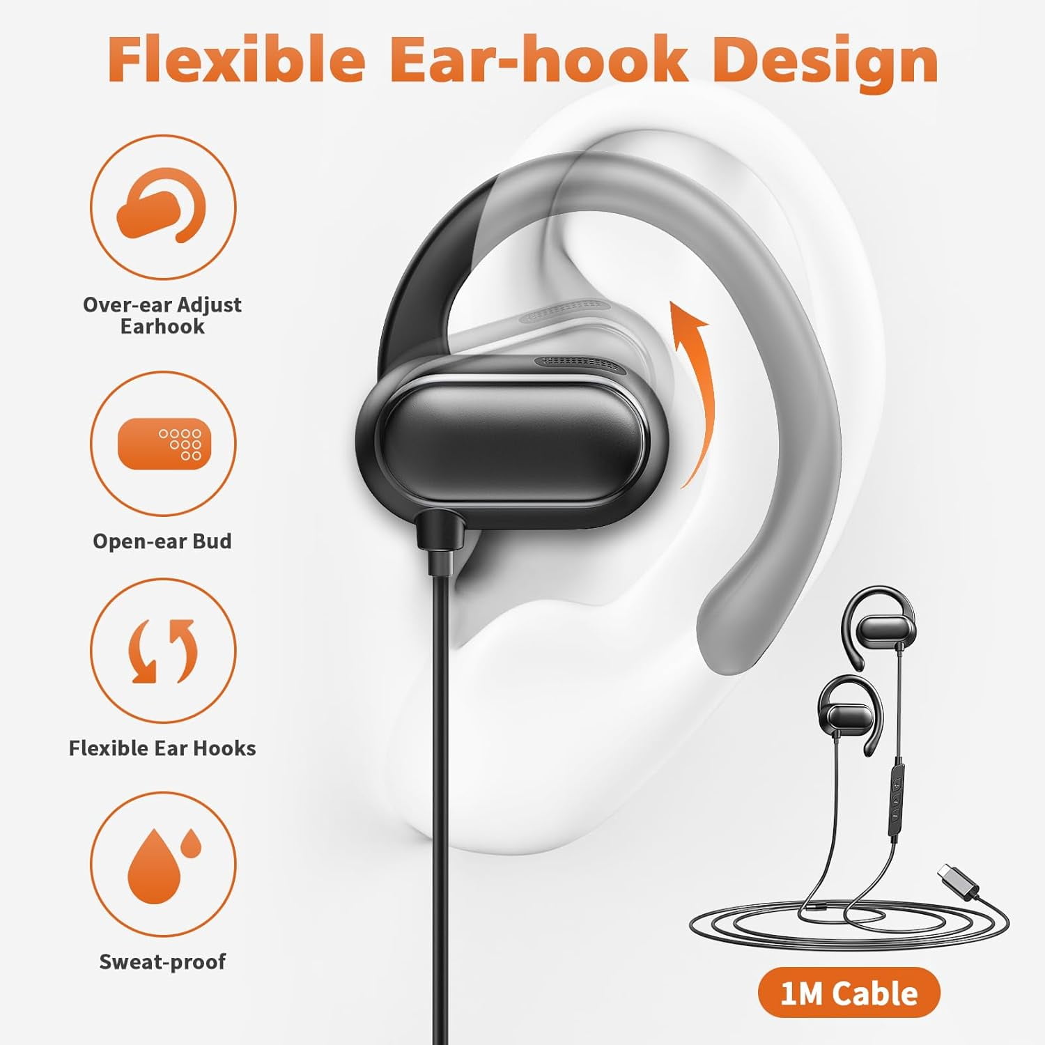 USB C Earbuds Over Ear Headphones for iPhone 17 16 Pro 15 Plus iPad 10th Gen Google Pixel 10 Pro 8 7 Open Ear Sport Headset Wired Type USB C Earphones with Microphone Volume Control Rotatable Earhook