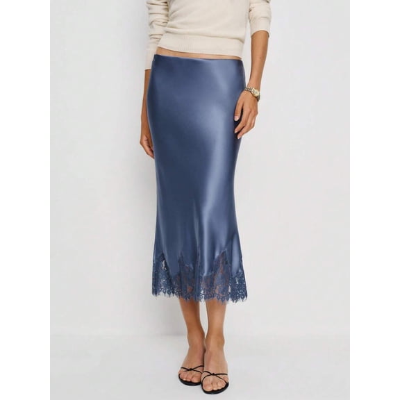 Blue Lace-Trimmed Satin Midi Skirt With Elastic Waist Slip Style For Party Beach Or Streetwear