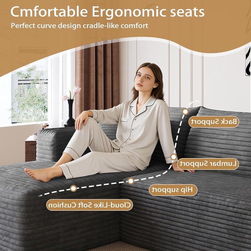 94" Modular Sectional Sofa, Modern Corduroy Cloud Couch with Side Pockets, Boneless Couch Upholstered 3-Seater L-Shaped Sofa for Living Room, Left Facing Chaise