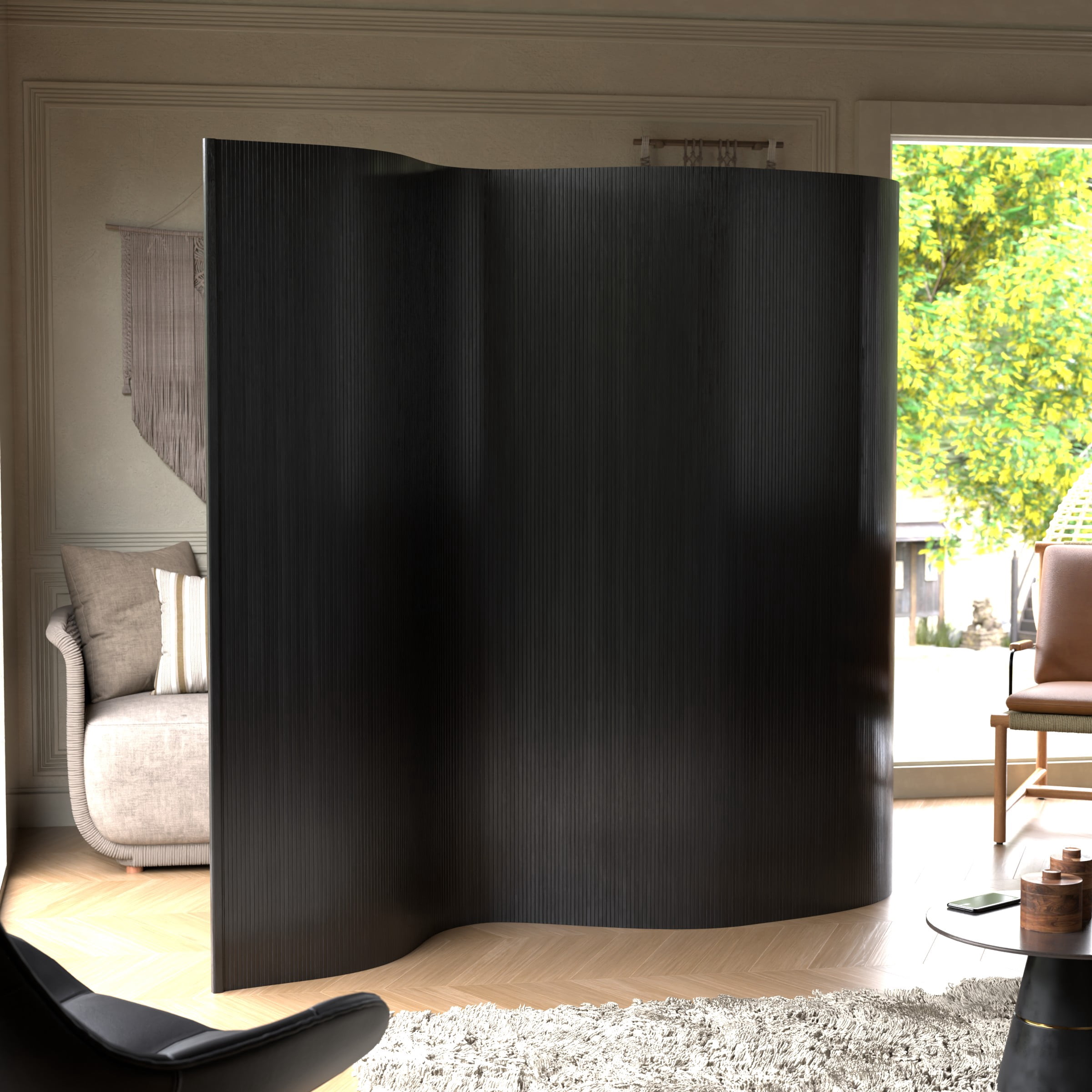 6 ft. Tall Black Bamboo Wave Room Divider Screen