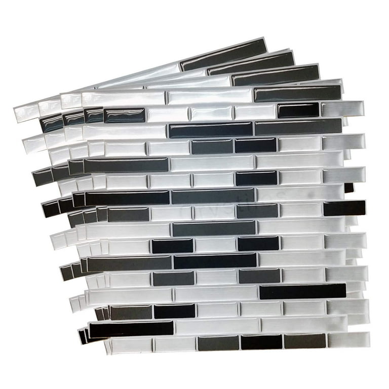 Crystiles Black, Deep Grey and Brushed Silver 12 in. x 12 in. Peel and Stick Vinyl Wall Tile Backsplash, Crystiles Black, Deep Grey and Brushed Silver 12 in. x 12 in. Peel and Stick Vinyl Wall Tile Backsplash,