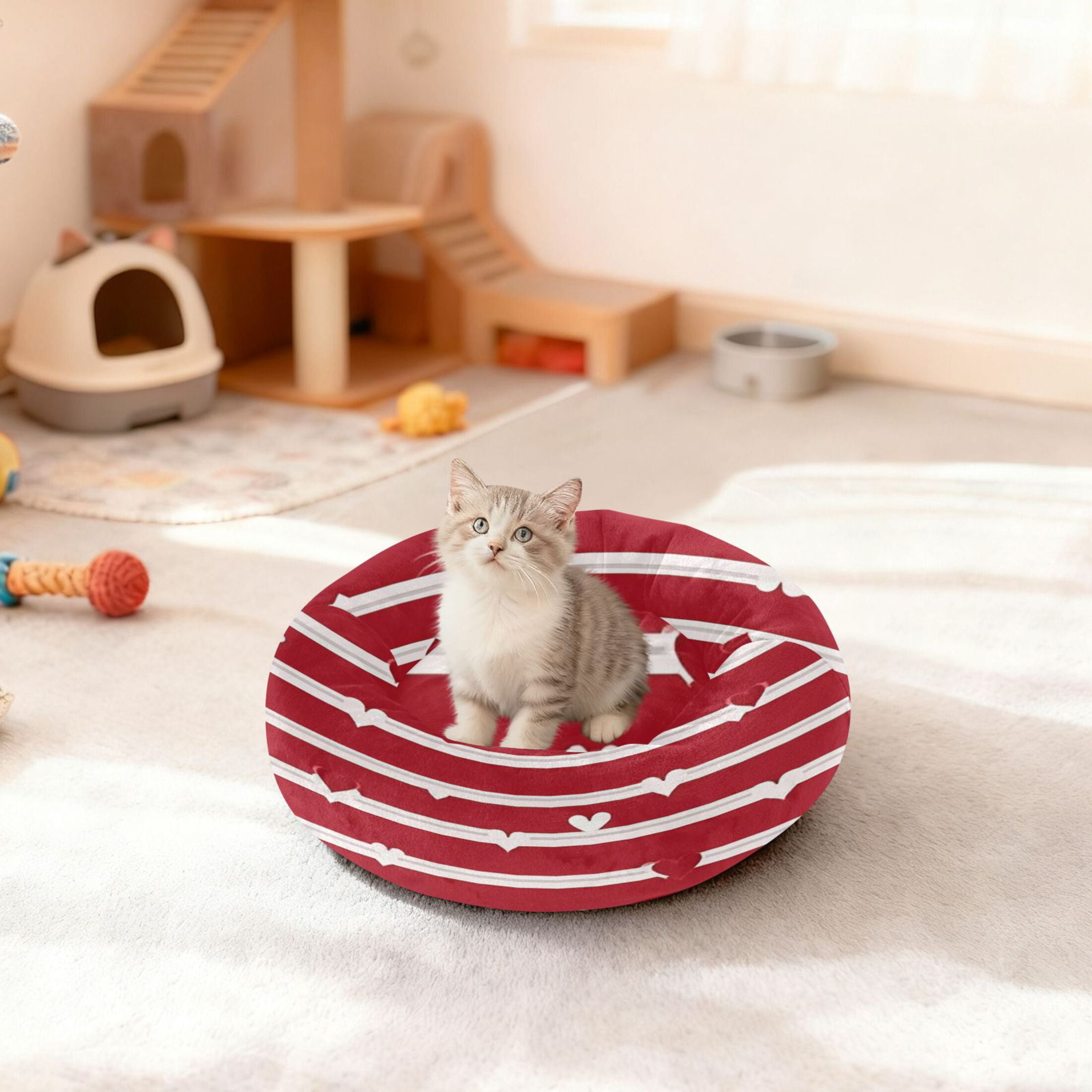 Iauyy Pet Couch Donut Cat Bed for Indoor Cats/Small Dogs Washable & Machine with Non-slip Bottom Calming Cat Furniture, Red and White (M)
