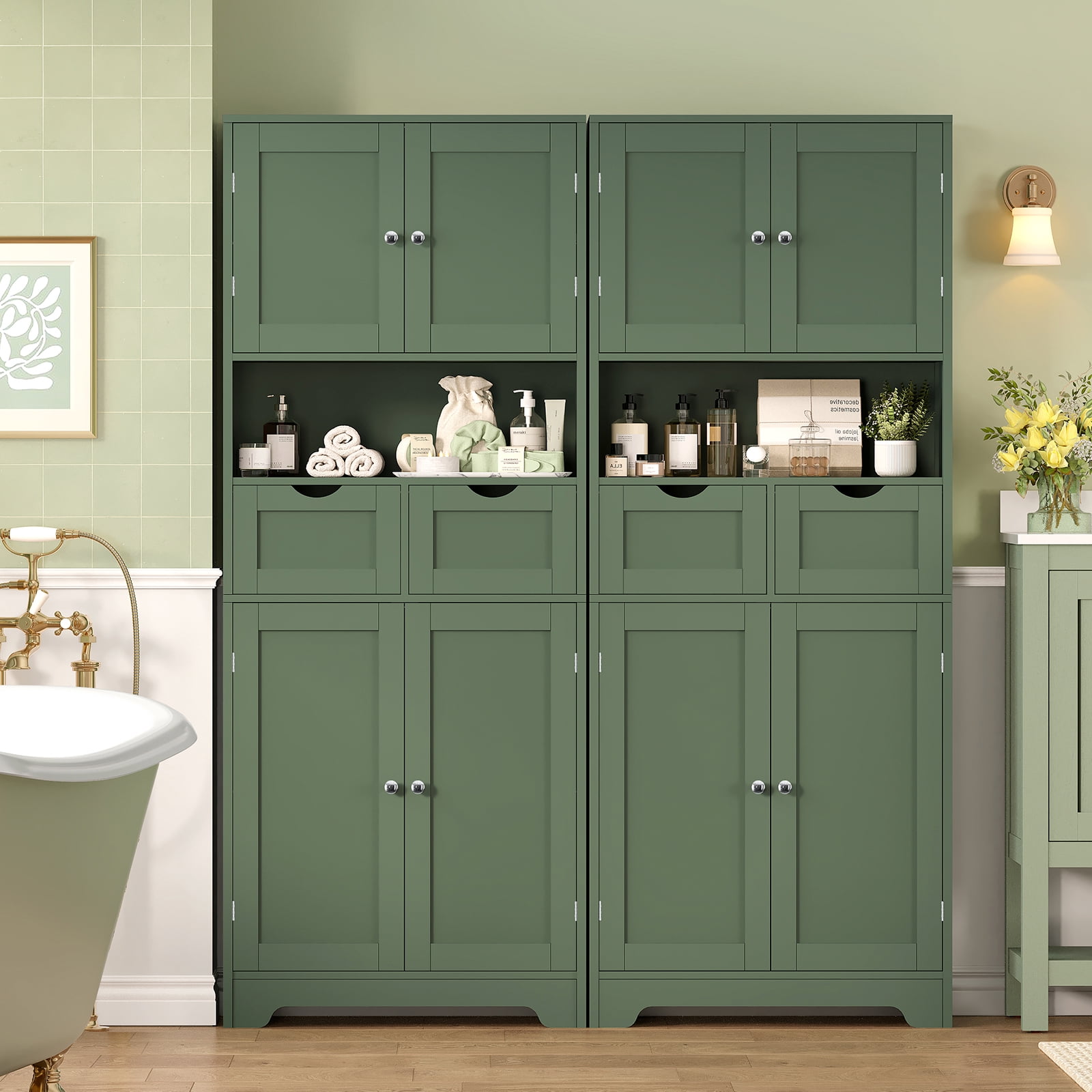 57.8" H Tall Bathroom Storage Cabinet with 2 Drawers & 2 Adjustable Shelves, Floor Cabinet with 4 Doors, Tall Cabinet for Living Room, Dining Room, Entryway, Forest Green