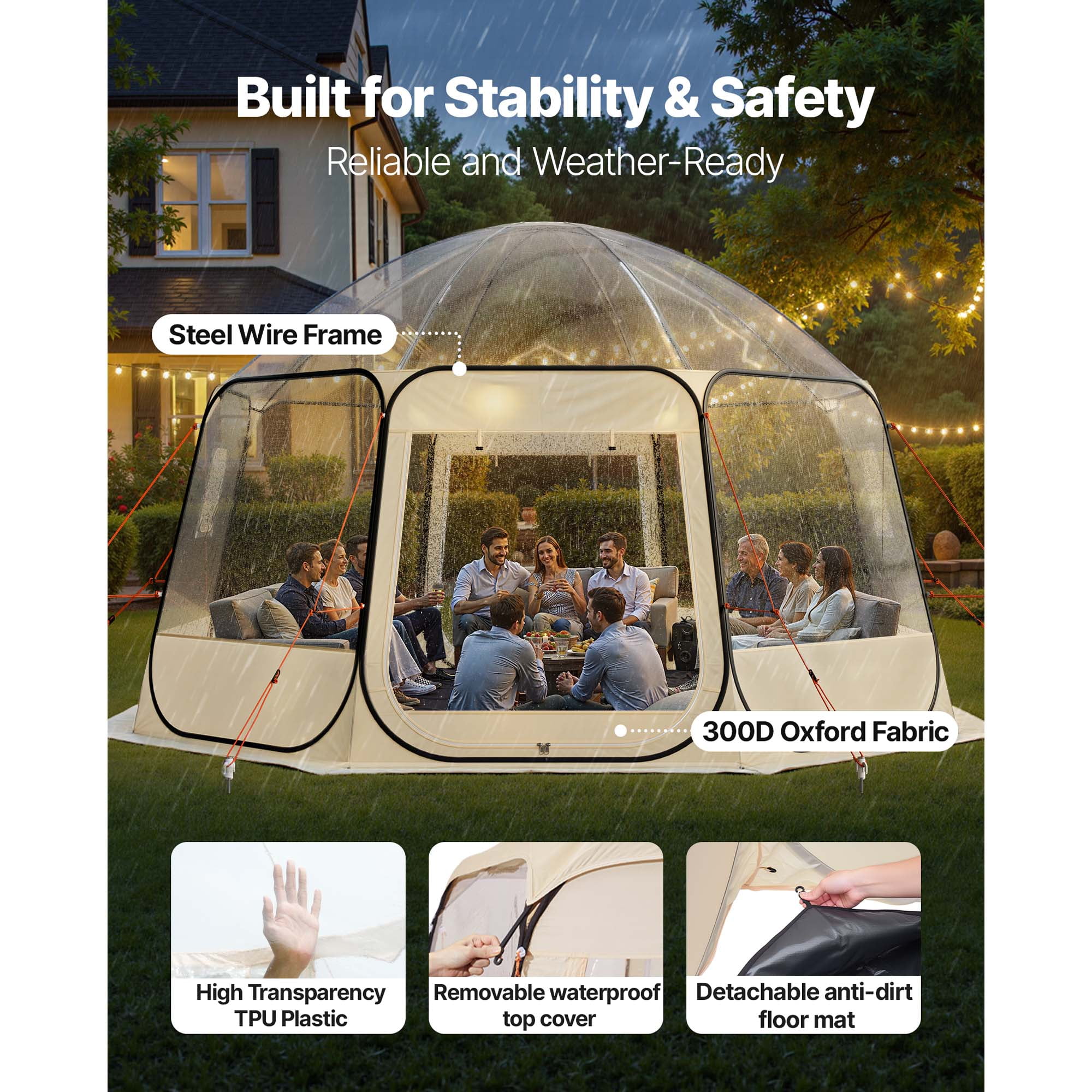 KFFKFF Pop-Up Bubble Tent, 15 x 13.8 ft Waterproof & UV-Protected, Transparent Outdoor Dome Shelter with Windows, 540° Panoramic View, Ideal for 12-15 People in Patios or Backyards