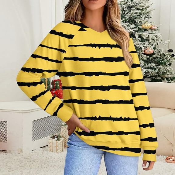 Abomasnow Plus Size Tops for Women Casual Long Sleeve Shirts for Women Fall Winter Stripe Print V Neck Pullover Tees S-5XL