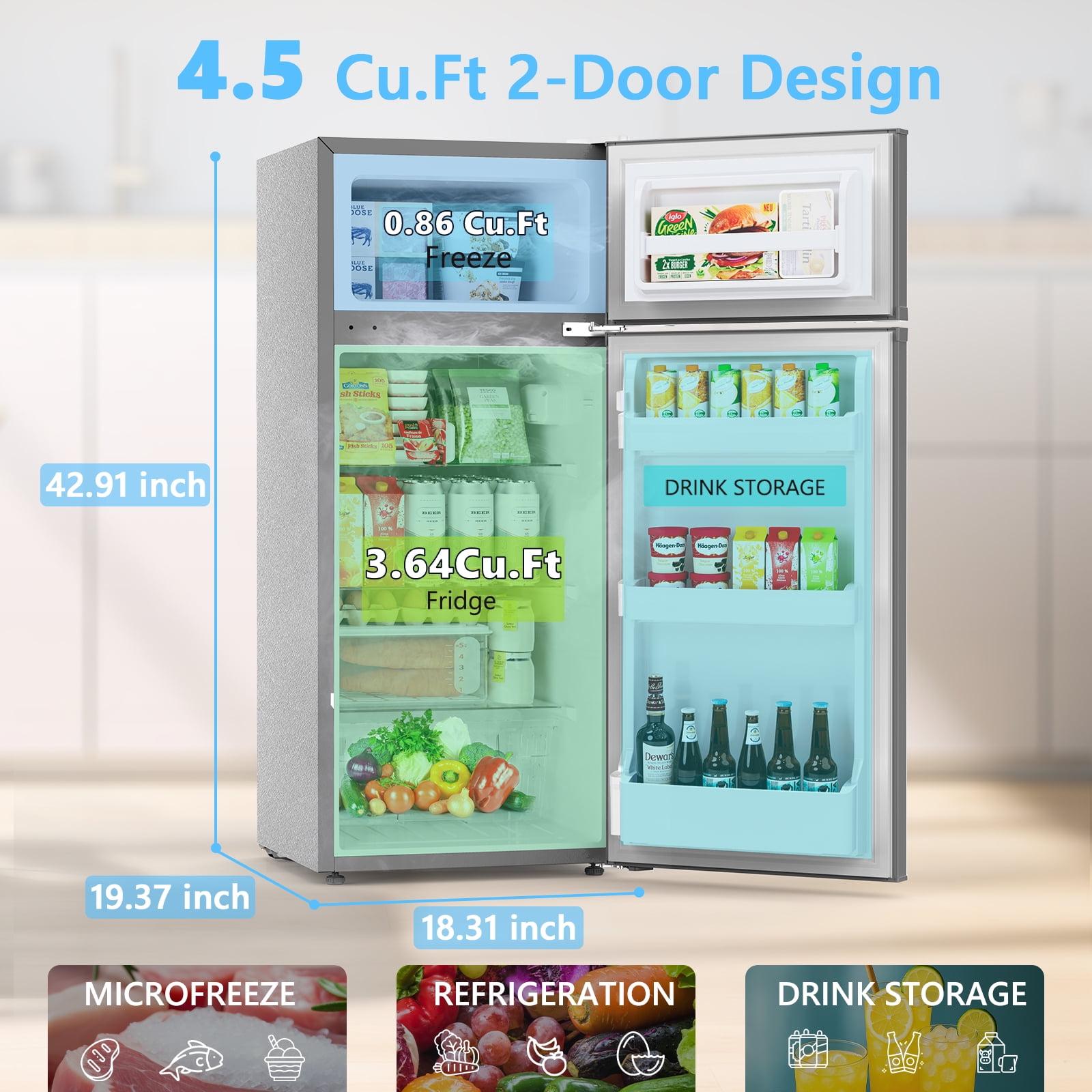 KNDKO 4.5 Cu.Ft Mini Fridge with Freezer, Small Refrigerator with 3 Level Adjustable Thermostat, 2 Door Small Refrigerator, Removable Glass Shelves for Bedroom, Kitchen, Apartment, Grey