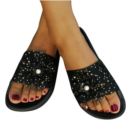 

Babysbule Women s Slippers Clearance Fashion Women Casual Lace Glossy Sequins Flat Sandals Shoes Flip Flop