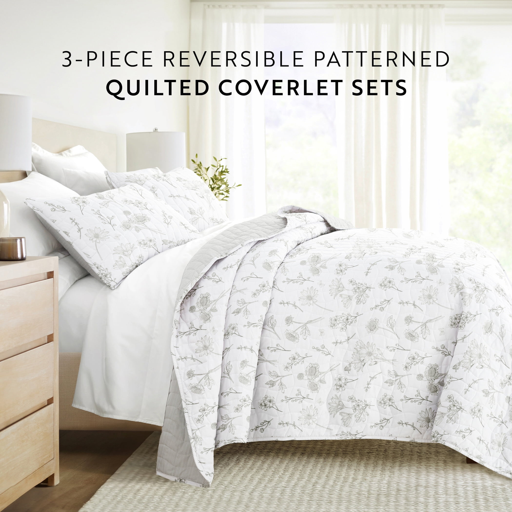 Noble Linens 3-Piece Light Gray Blooming Daisy Reversible Quilt Set, Twin