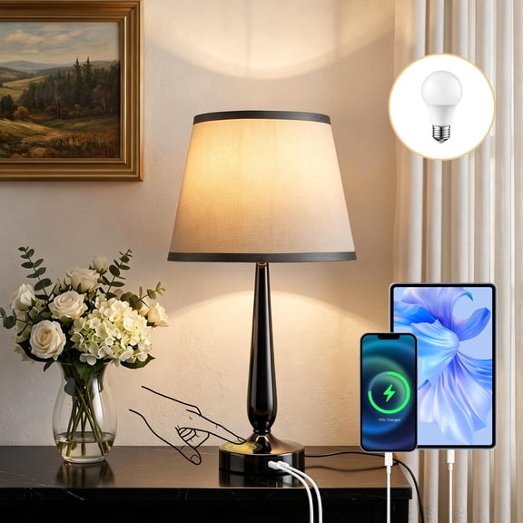 Walchoice Table Lamp, 20.5" Tall Black Metal Table Lamp with 3-Level Touch Control, Textured Gray Shade, USB-C & USB-A Charging Ports, Warm Light Bedside Lamp for Bedroom, Living Room, Office