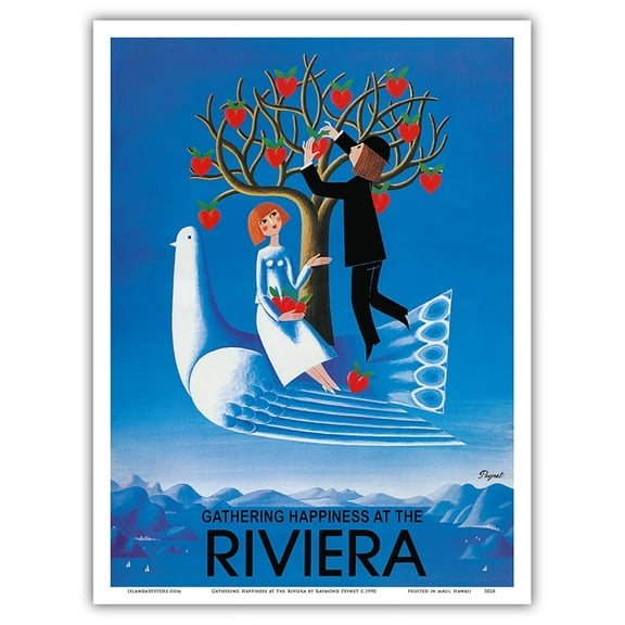 Gathering Happiness at the Riviera - French-Italian Riviera - Vintage Advertising Poster by Raymond Peynet c.1990 - Master Art Print (Unframed) 9in x 12in
