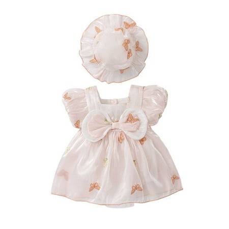 

Little Girls Dress Toddler Spring Summer Printed Bow Tie Ruffle Short Sleeve Princess Dress Hat Kids Baby Sweet Sundress Outwear Leisure Dailywear