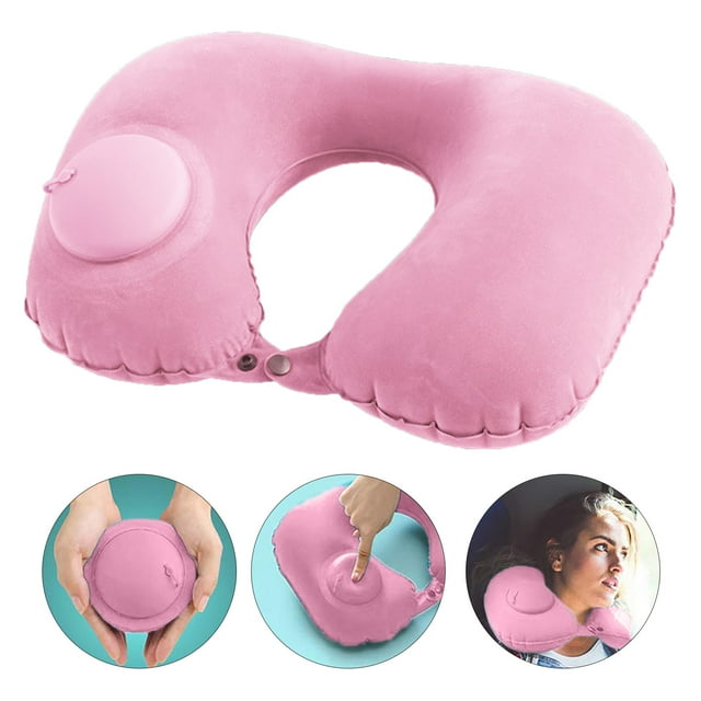 Pillow Air Cushion Self Inflating Button Travel Neck Inflatable Plane Car Train Portable Soft U Shaped Travel Flocking Fabric
