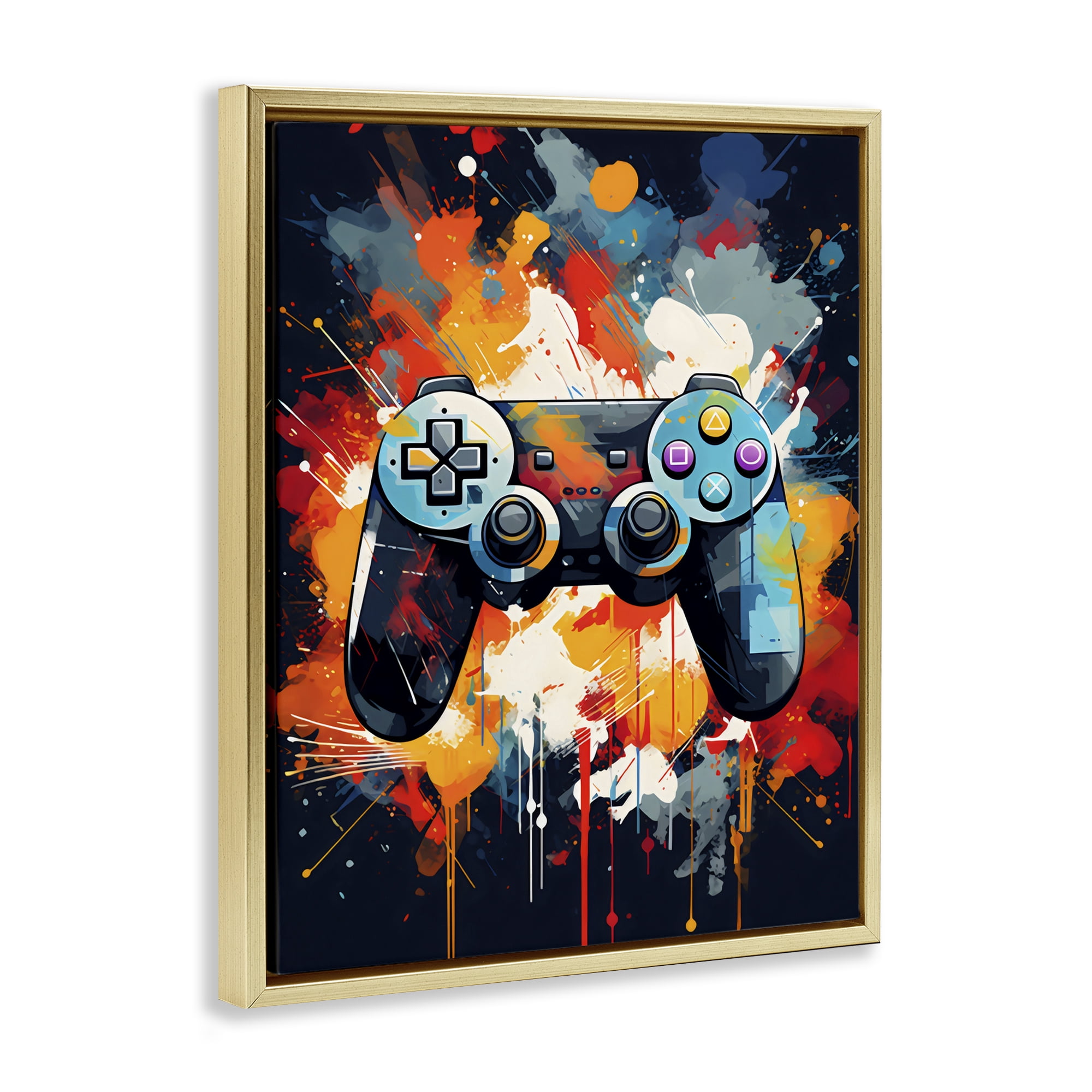 Stupell Industries Orange Paint Splash Gamer Gold Framed Floater Canvas Wall Art, design by Creative Studio