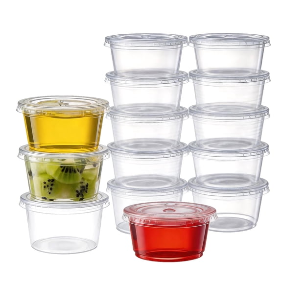 150 Pcs 2 oz Clear Disposable Plastic Portion Cups with Lids, Small Plastic Condiment Containers for Sauce, Salad Dressings and Portion Control