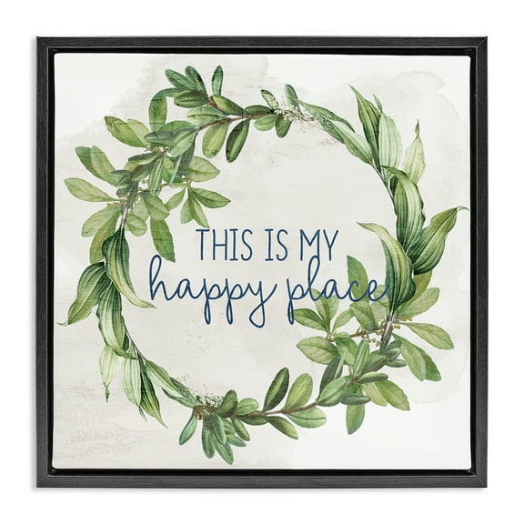 Stupell Industries Happy Place Wreath Plants & Flowers Painting Black Floater Framed Canvas Art Print Wall Art, 18 x 18