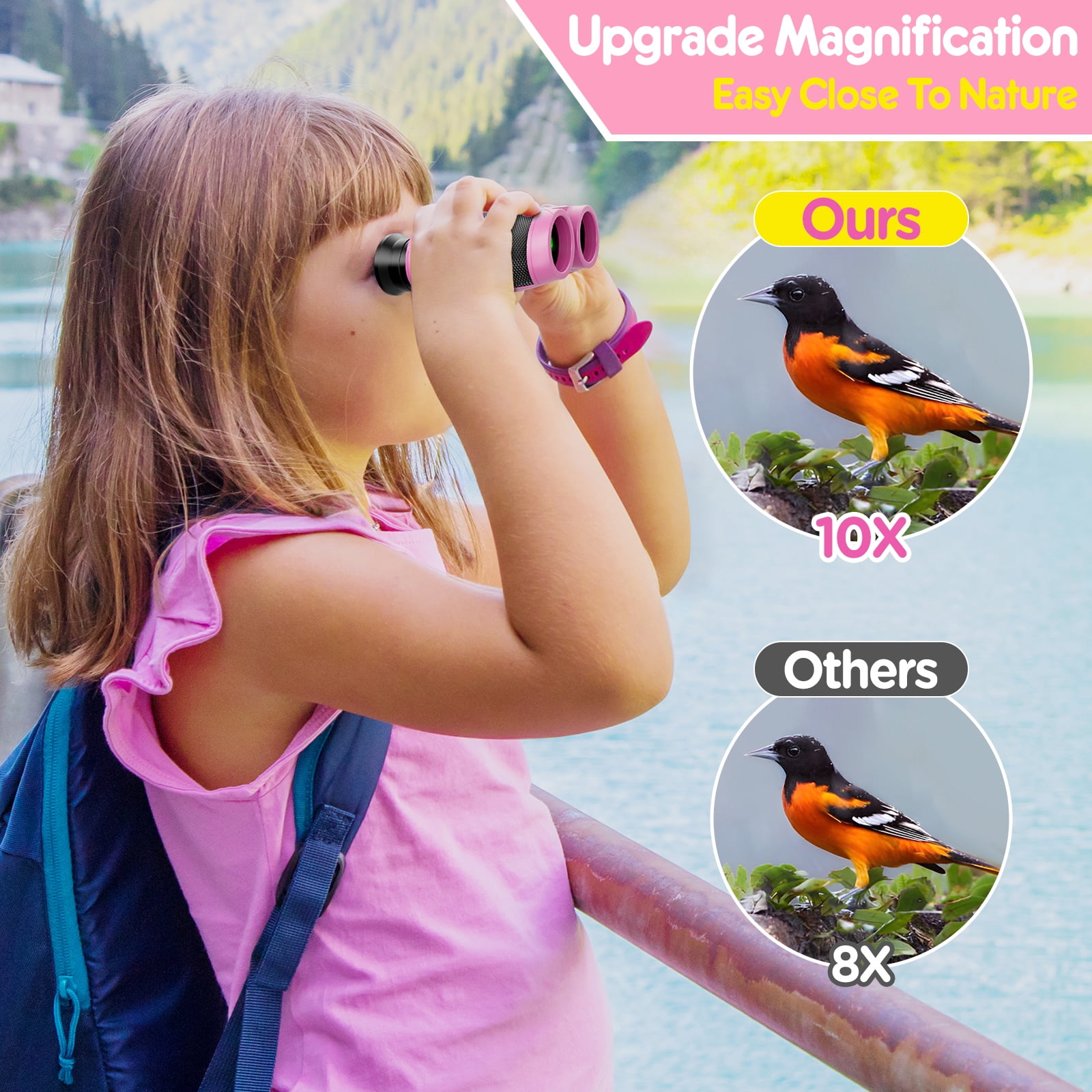 BNISE 10x25 Compact Binoculars for Adults and Kids-Small Binoculars for Travel Bird Watching Waterproof/Easy Focus/High Powered/ Low Light Vision-Pink