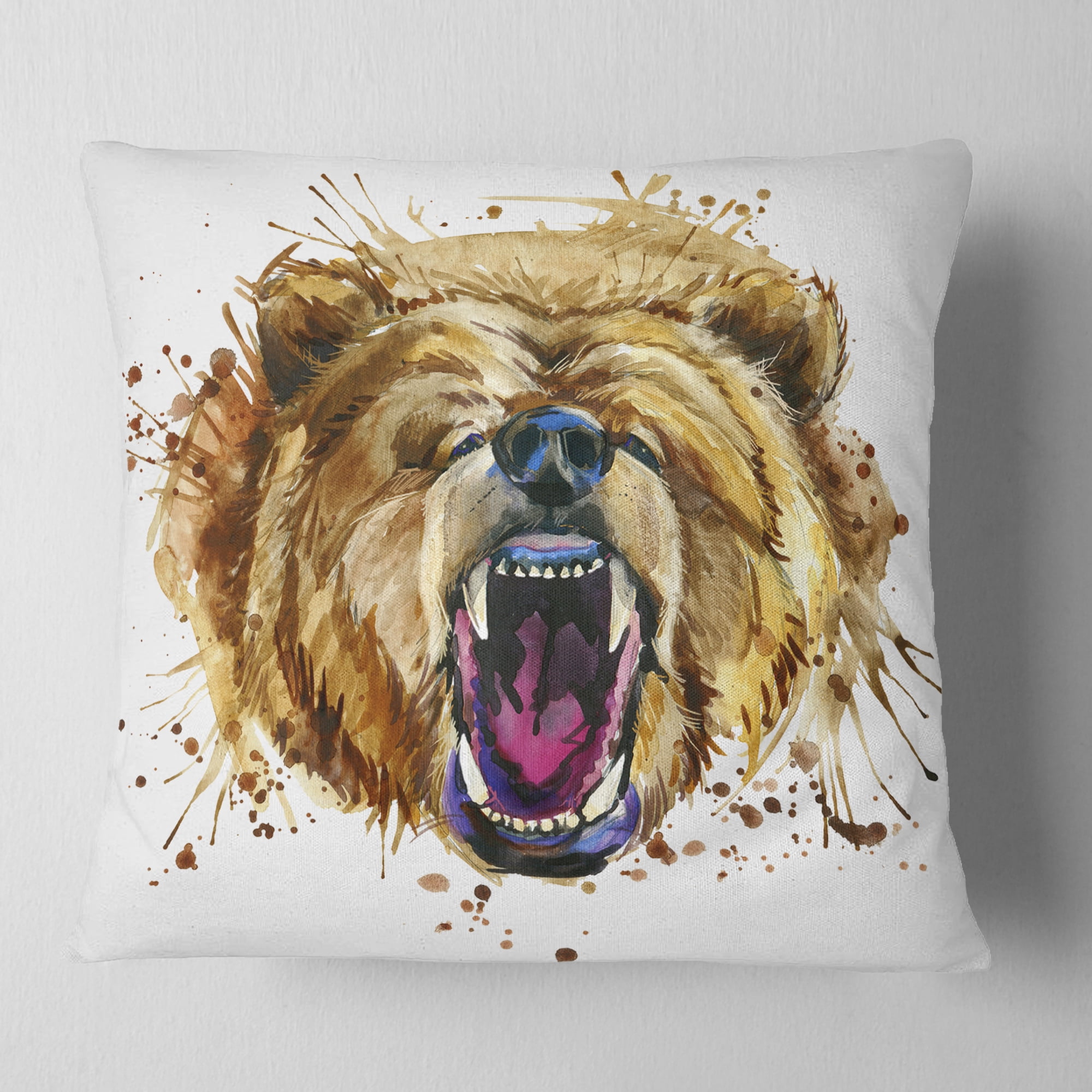 Designart Growling Grizzly Bear Watercolor - Abstract Throw Pillow - 18x18