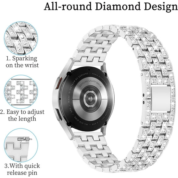 RTHG-Galaxy Watch 7 6 5 4 FE Band 20mm Diamond for Samsung Galaxy 7 6 5 4 FE 40mm 44mm, Women Bling Metal Strap for Samsung Watch Bands/Watch 4 6 Classic/3 41mm/Active 2-Silver