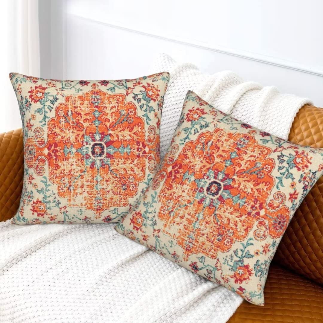 Burnt Orange Boho Throw Pillow Covers 18x18 Set of 2 Carpet Ethnic Pattern Pillow Covers Bohemian Rustic Farmhouse Cushion Cases Linen Decorative Gifts for Couch Sofa Indoor Outdoor Walmart
