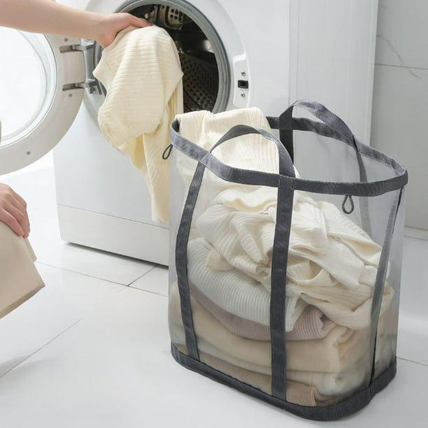 Cesta de malla plegable de gran capacidad para la colada | Bolsa de pared para guardar ropa sucia y juguetes | Portátil con asas | Poliéster gris | 41 x 40 x 25 cm