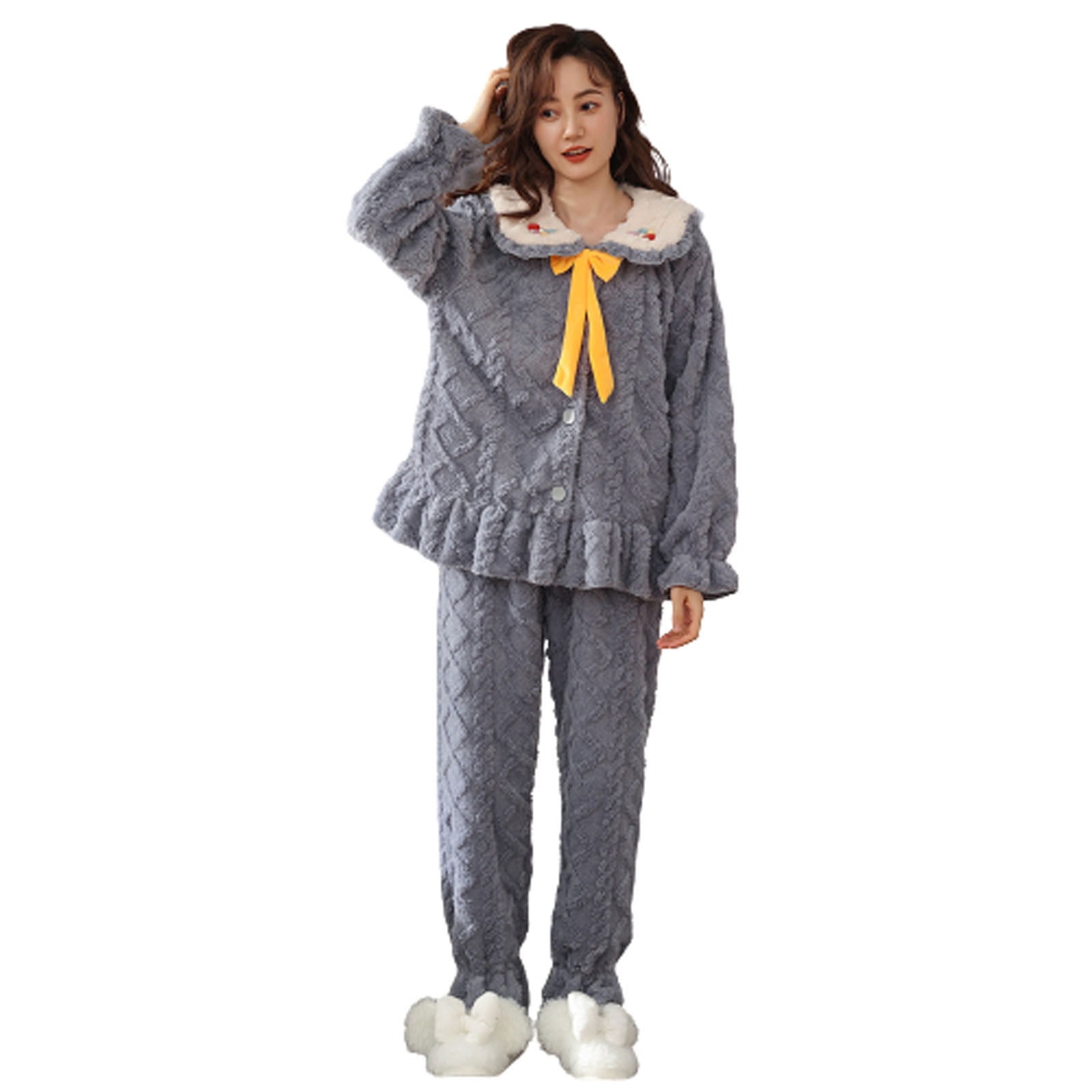 Women's Pajamas Set Long Sleeve Sleepwear Casual Loungewear Soft Pjs Set  Long Pants Pj Set Cute Bow Top Winter Fleece Thermal Suit 