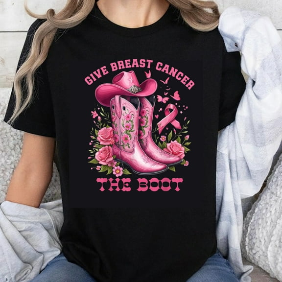 100% Cotton Give Breast Cancer The Boot Pink Cowboy Boots Women's T-Shirt Breast Cancer Awareness Shirt Pink Ribbon Floral Design