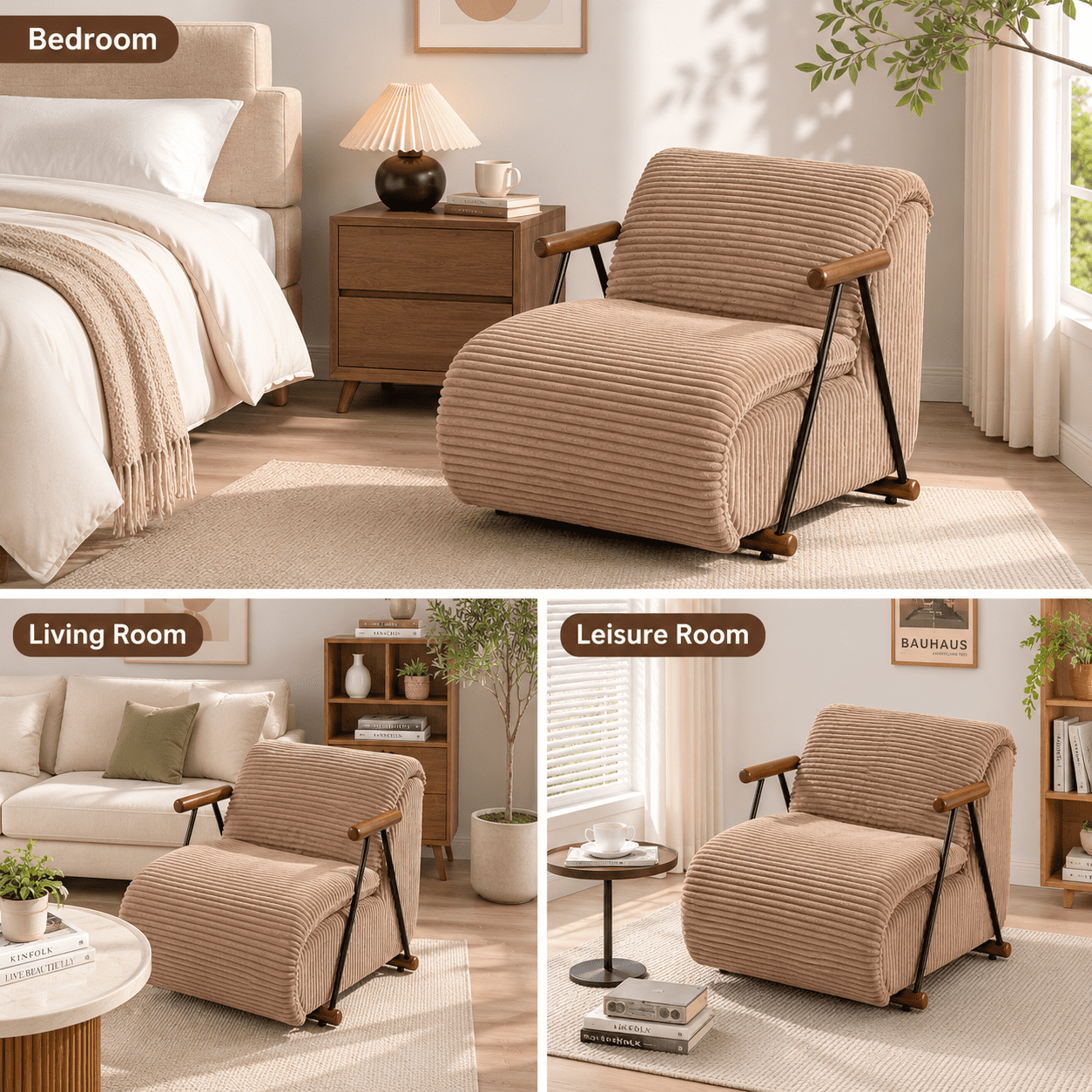 MOONMISS Corduroy Accent Chair, Upholstered Lounge Armchair with Solid Wood Armrests & Minimalist Metal Frame for Living Room, Bedroom,Brown