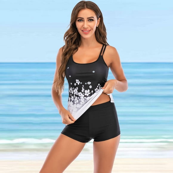 Pisexur Tankinis pour Femmes, Maillots de Bain Deux Pièces à Imprimé Floral, Haut de Maillot avec Short Garçon