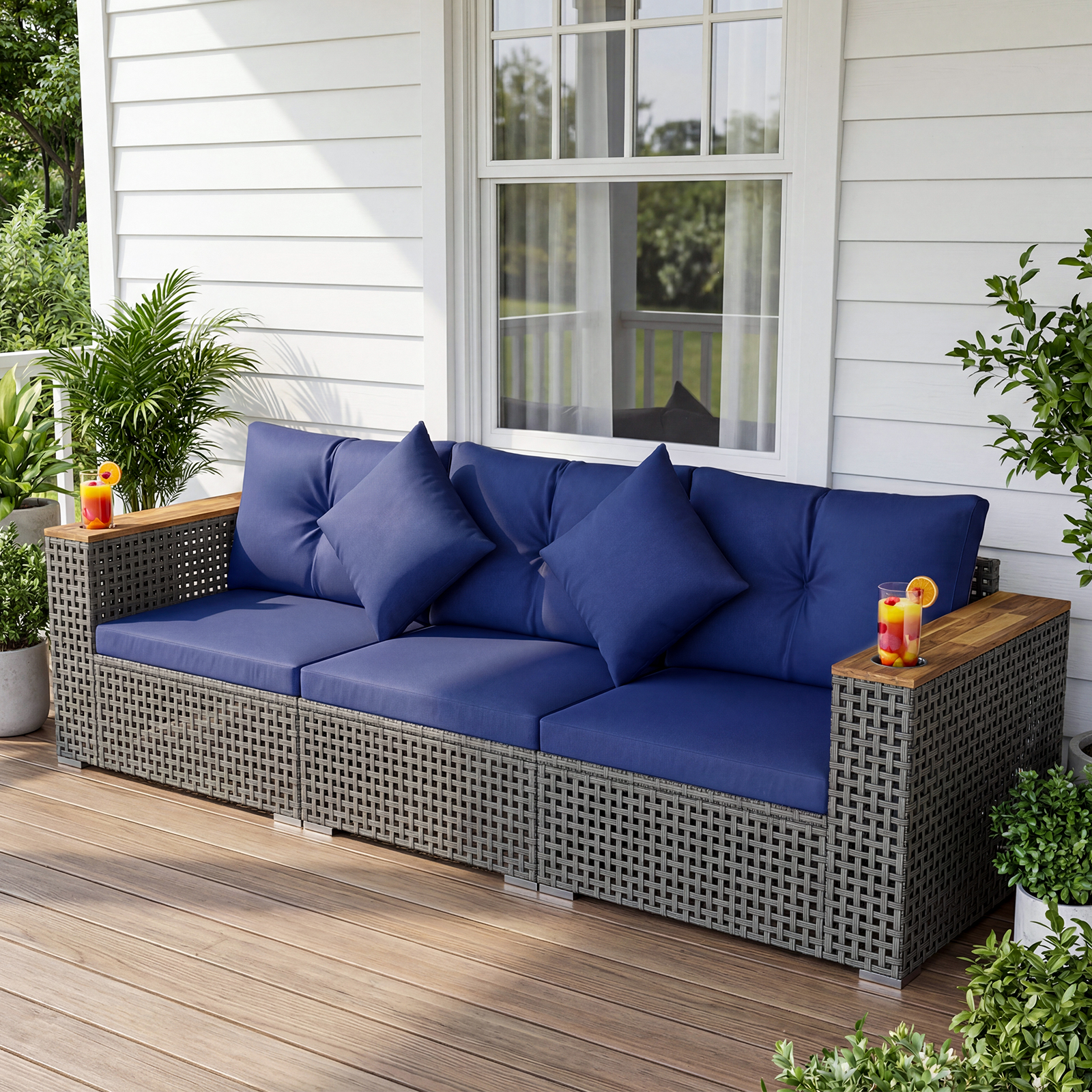 Costway Patio Wicker Sectional Furniture Set, 3 Piece Outdoor Couch Set for Garden Navy
