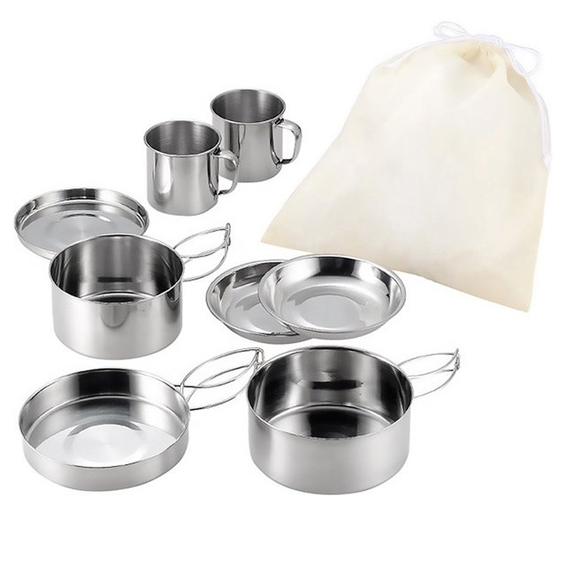 Stainless Steel 8-Piece Camping Cookware Set with Pots, Frying Pan, Plates, Cups, Pot Cover & Storage Pouch - No Plastic, Fire-Safe, Smooth Surface, Direct Meal Serving for Outdoor Hiking & Group