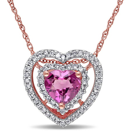 Tangelo 3/4 Carat T.G.W. Pink Tourmaline and 1/5 Carat T.W. Diamond 10kt Rose Gold Heart Halo Pendant, 17