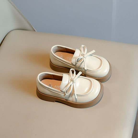 JUSLIO Girl Shoes British Style Flat Soft Sole Loafers Bow (Toddler/Little Kid/Big Kid) Leather Shoes 23 Beige