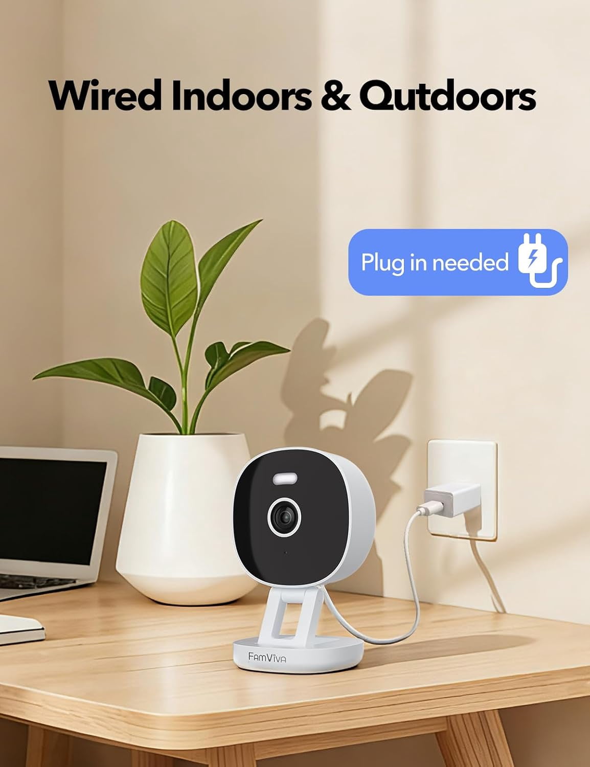 2K Wired Security Camera, Indoor/Outdoor for Home, Pet, Baby, Nanny, IP65 Waterproof Color Night Vision, White Light & Siren, Recording, Motion Detection, Works with Alexa,Plug in, White-4P