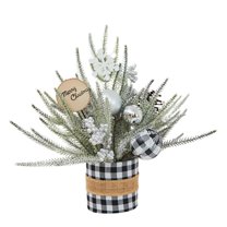 Christmas Trees 13.78inch Artificial Small Christmas Trees Falling Snow Potted Snow Flocked Pine Needle White Berry Red Ornaments Decorative Holiday Tree Tabletop Xmas Centerpiece Decor