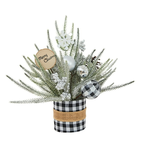 Christmas Trees 13.78inch Artificial Small Christmas Trees Falling Snow Potted Snow Flocked Pine Needle White Berry Red Ornaments Decorative Holiday Tree Tabletop Xmas Centerpiece Decor