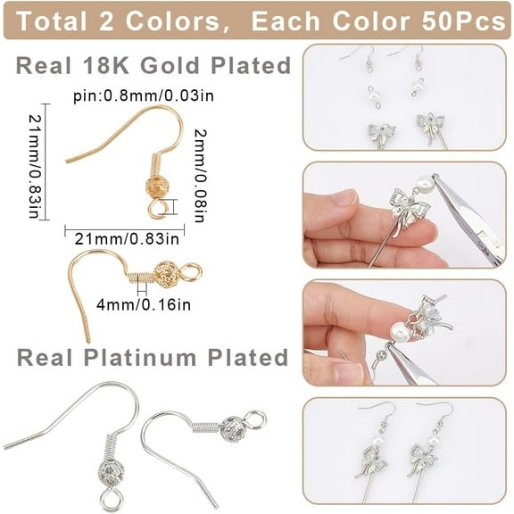1 Box 100Pcs Earring Hooks Real 18K Gold Plated Brass Ear Wires Platinum Plated Earring Fish Hooks with Filigree Ball French for Jewelry Making Kit Hypoallergenic Supplies