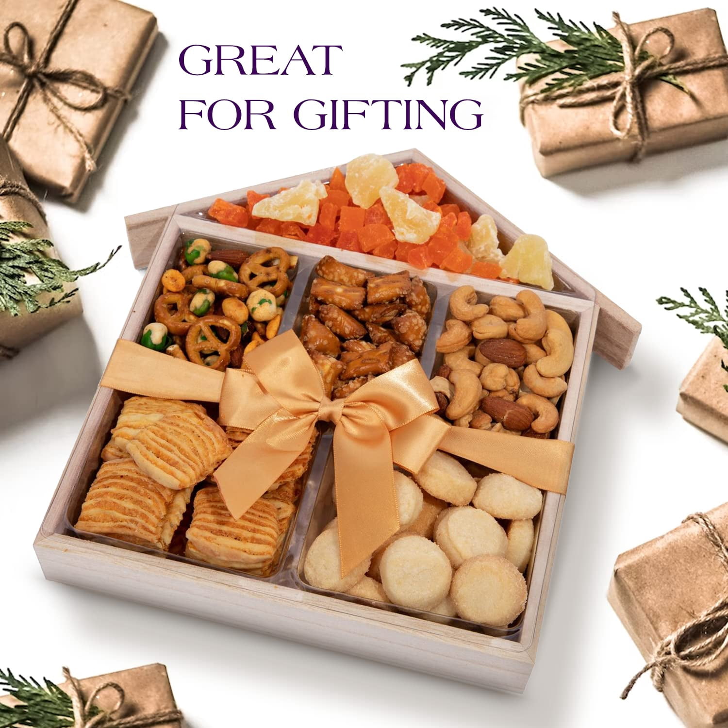Purple Plum Housewarming Snack Box Care Package with Dried Fruit, Mixed Nuts & Cookies