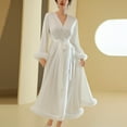 thumbnail image 5 of Arlun Valentine's Day Satin Robes for Women Sheer Long Sleeve Fuzzy Trim Kimono Robe Fashion Lightweight Comfy Long Wrap Nightgown Bathrobe Pajamas Sleepwear White XL, 5 of 8