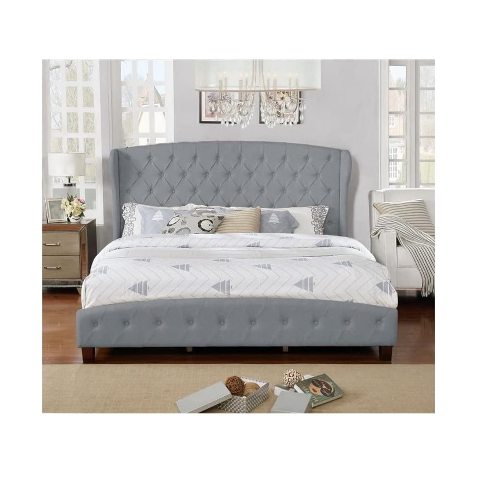 Nathaniel Home Queen Upholstered Panel Bed, Platform Bed Frame Easy Assembly, Polyester Fabric Tufted Headboard Design Gray
