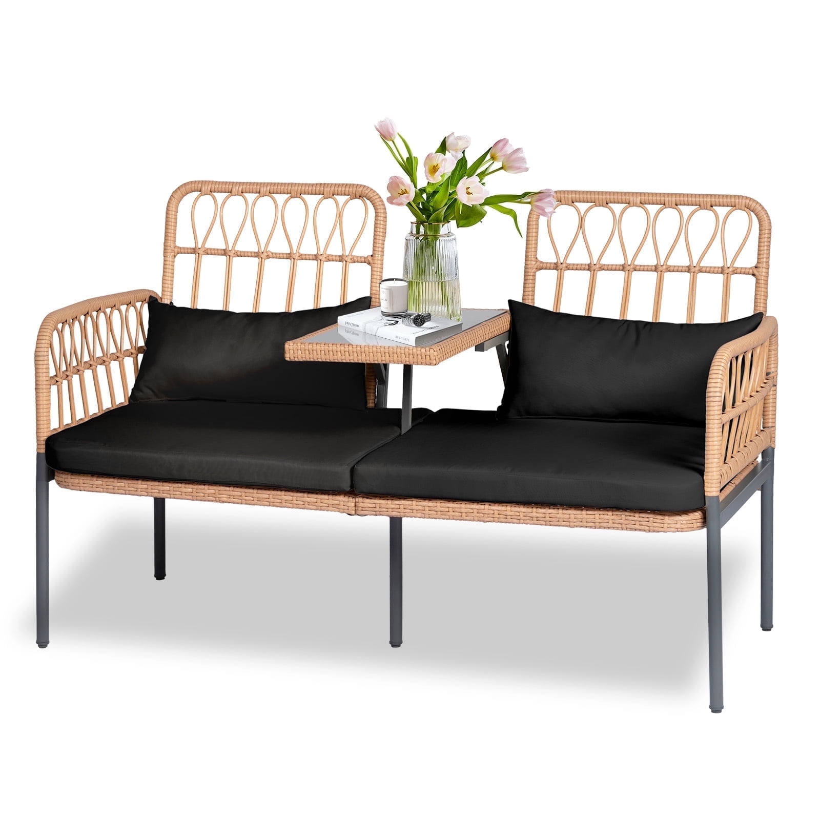 Tappio Outdoor Rattan Loveseat, Patio Rattan Conversation Set Seat Sofa Cushioned Loveseat Table Chairs with Built-in Coffee Table, Black
