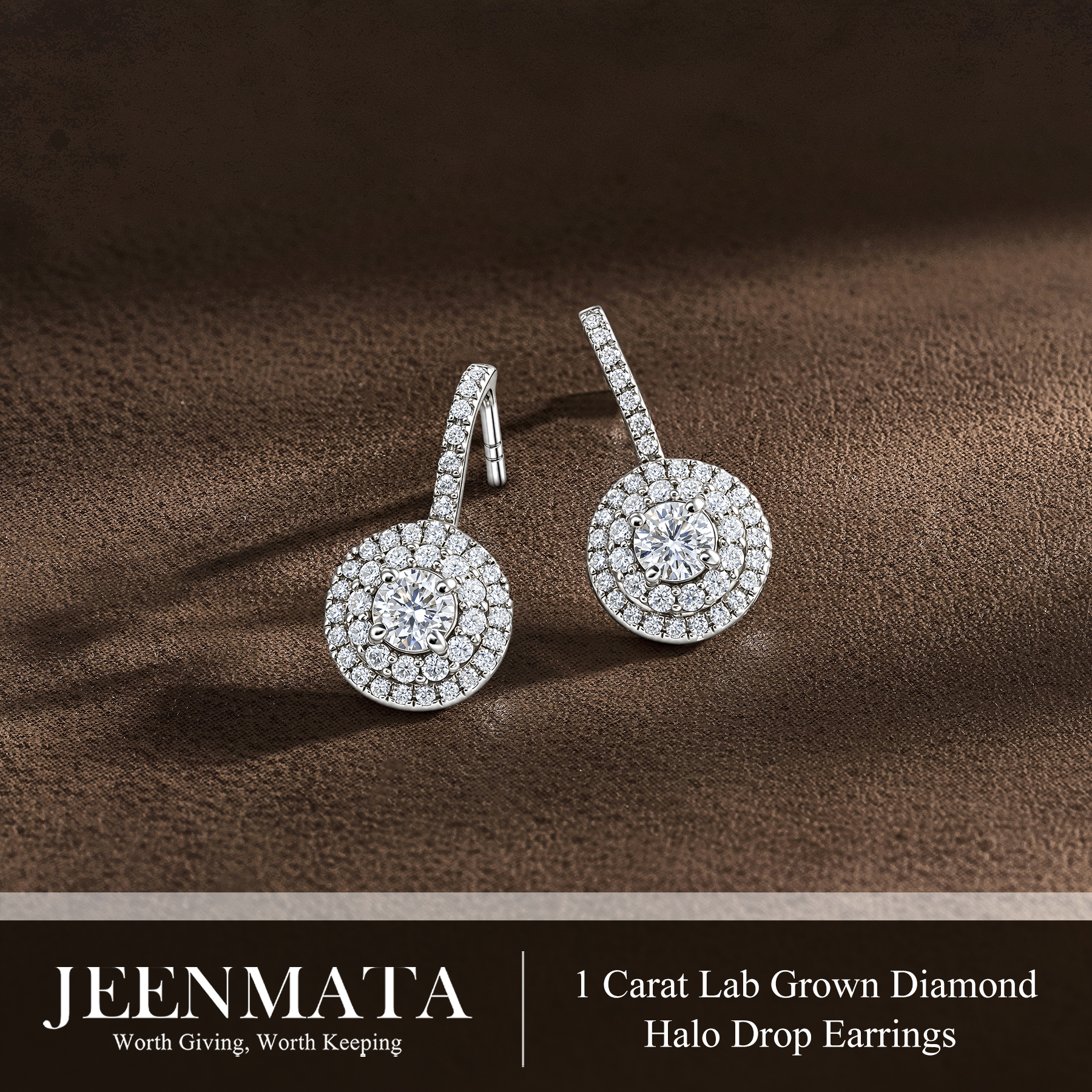 JeenMata 1 Carat Lab Grown Diamond Halo Drop Earrings photo 2