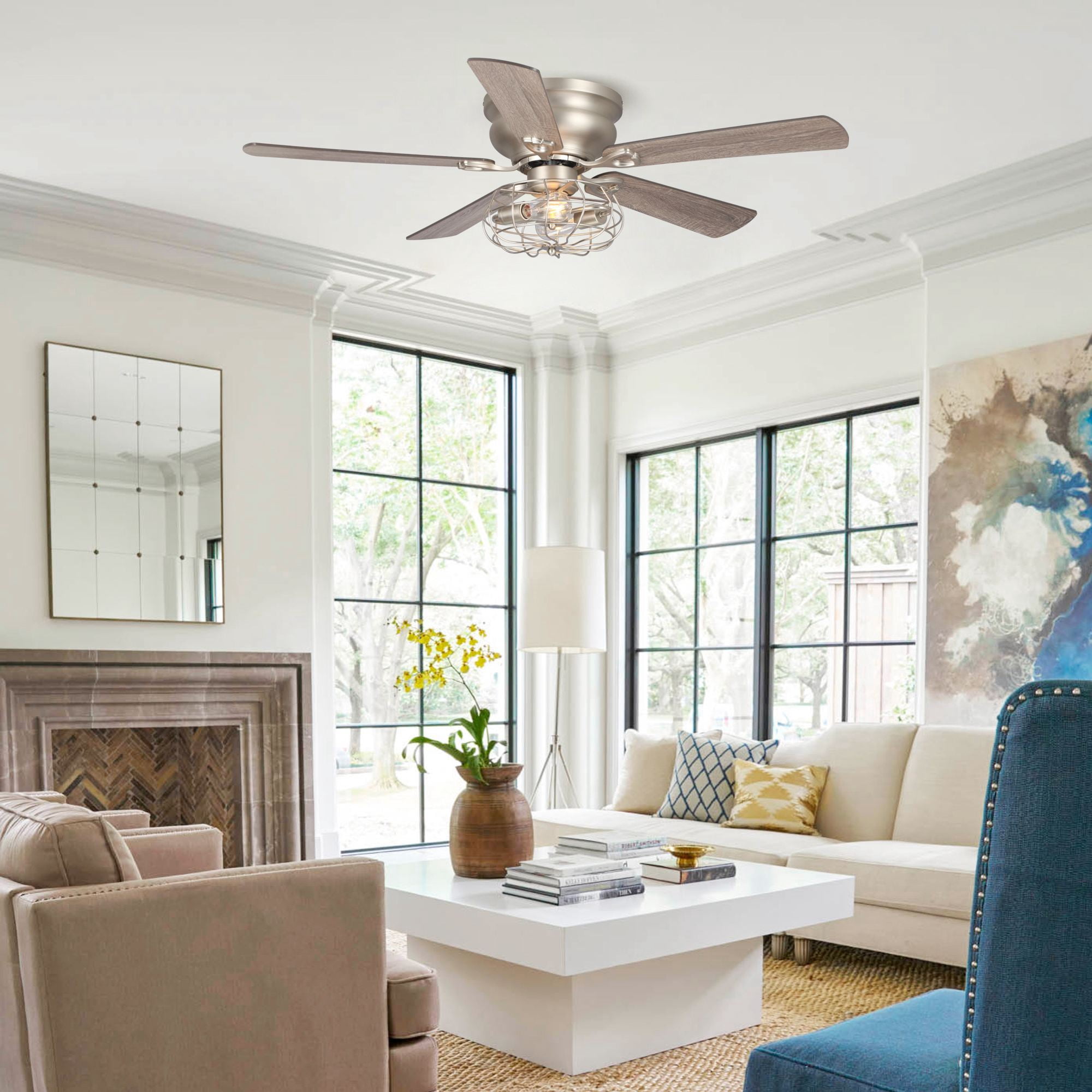 Flush Mount Ceiling Fan with Lights Low Profile Ceiling Fan 5 Reversible Blades Remote Control, 48 inch