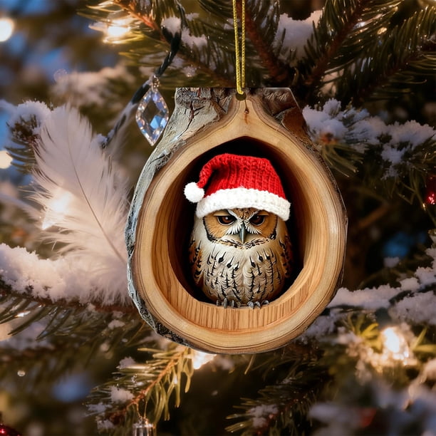 Adornos Navideños de Animales, Colgantes Planos de Acrílico Impresos En 2D | Adornos para Árbol de Navidad con Búho y Mapache | Adornos Colgantes Duraderos con Cuerda | Decoración Navideña para Árbol