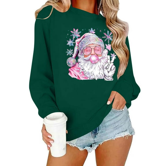 GUZOM Womens Green Christmas Sweatshirt with Santa Bubble Gum Peace Sign - Relaxed Fit Crew Neck 100% Polyester XS-XL Festive Casual Wear,Size XL