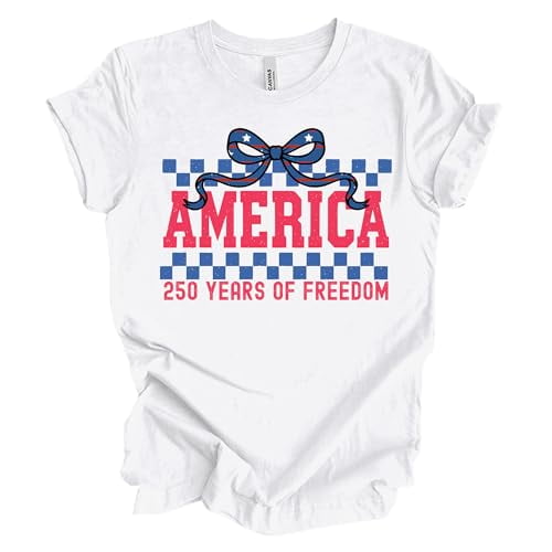 Patriot Pride Women’s Bella Canvas Graphic T-Shirt – America 250 Years of Freedom Patriotic Bow Design, White, Small