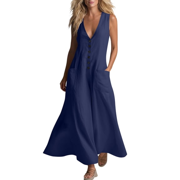 Tumotour Summer Maxi Dress For Women'S V-Neck Button Flowy A-Line Dress T-Shirt Long Dress Buttoned Beach Sleeveless Sundress