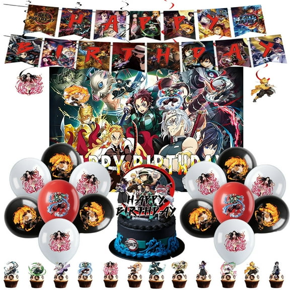 Demon Slayer birthday party set, Demon Slayer party decorations include banners, balloons, backdrops, cupcake top hats, and Demon Slayer character hanging swirls.